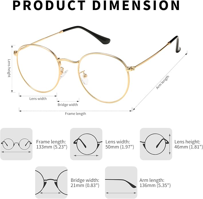 Gafas redondas clásicas de metal con lentes transparentes BG para mujer y hombre
